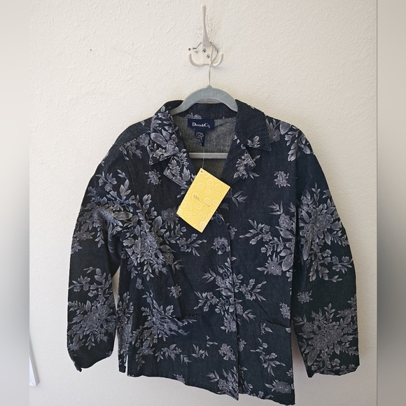 Denim & Co. Sz L Dark Black Cotton Twill Long Blazer Jacket Floral - Picture 1 of 4